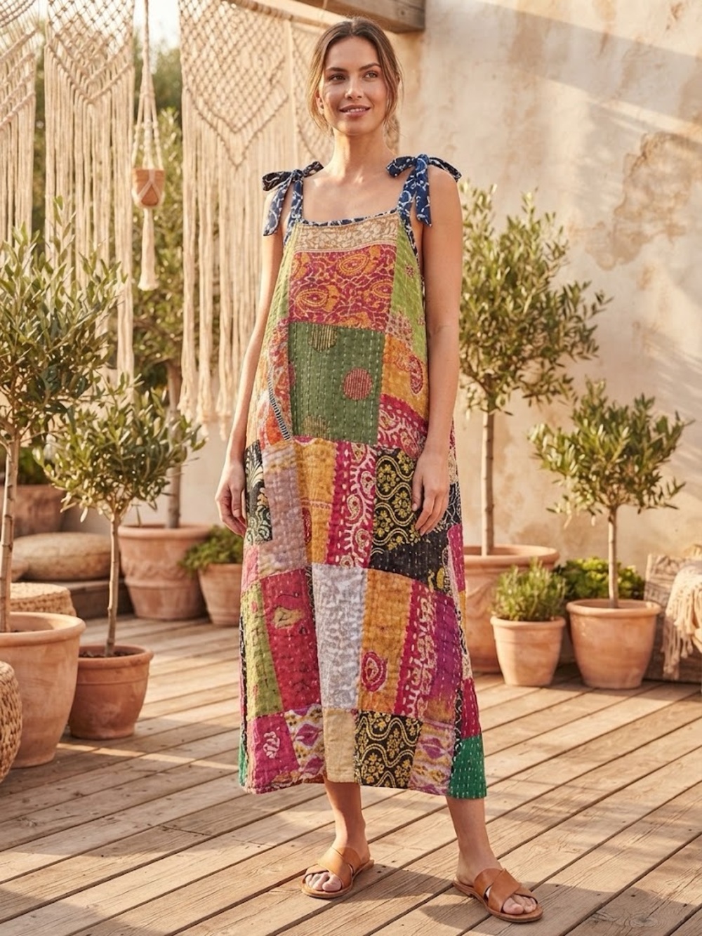 Sevya Kantha Cotton Patchwork Bohemian Reversible Tie-Shoulder midi NWT